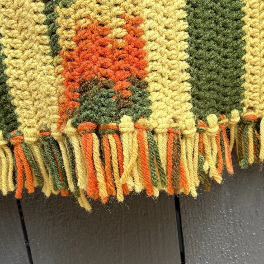 VTG Handmade Crochet Boho Southwestern Afghan Throw 66X88 Cottage Stripe 70s